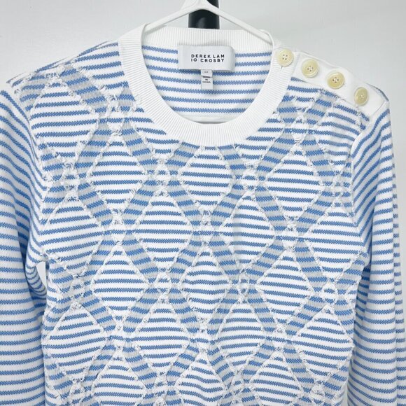 Derek Lam 10 Crosby‎ Blue White Stripe Diagonal Fringe Crewneck Sweater Sz S - Picture 3 of 15